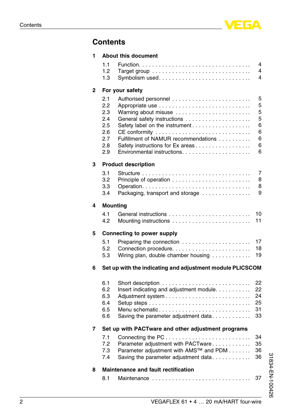 VEGA VEGAFLEX 61 4 … 20 mA_HART four-wire User Manual | Page 2 / 56
