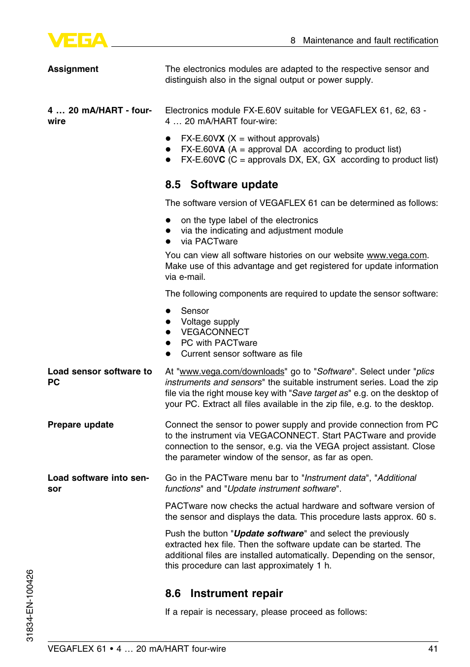 5 software update, 6 instrument repair | VEGA VEGAFLEX 61 4 … 20 mA_HART four-wire User Manual | Page 41 / 56