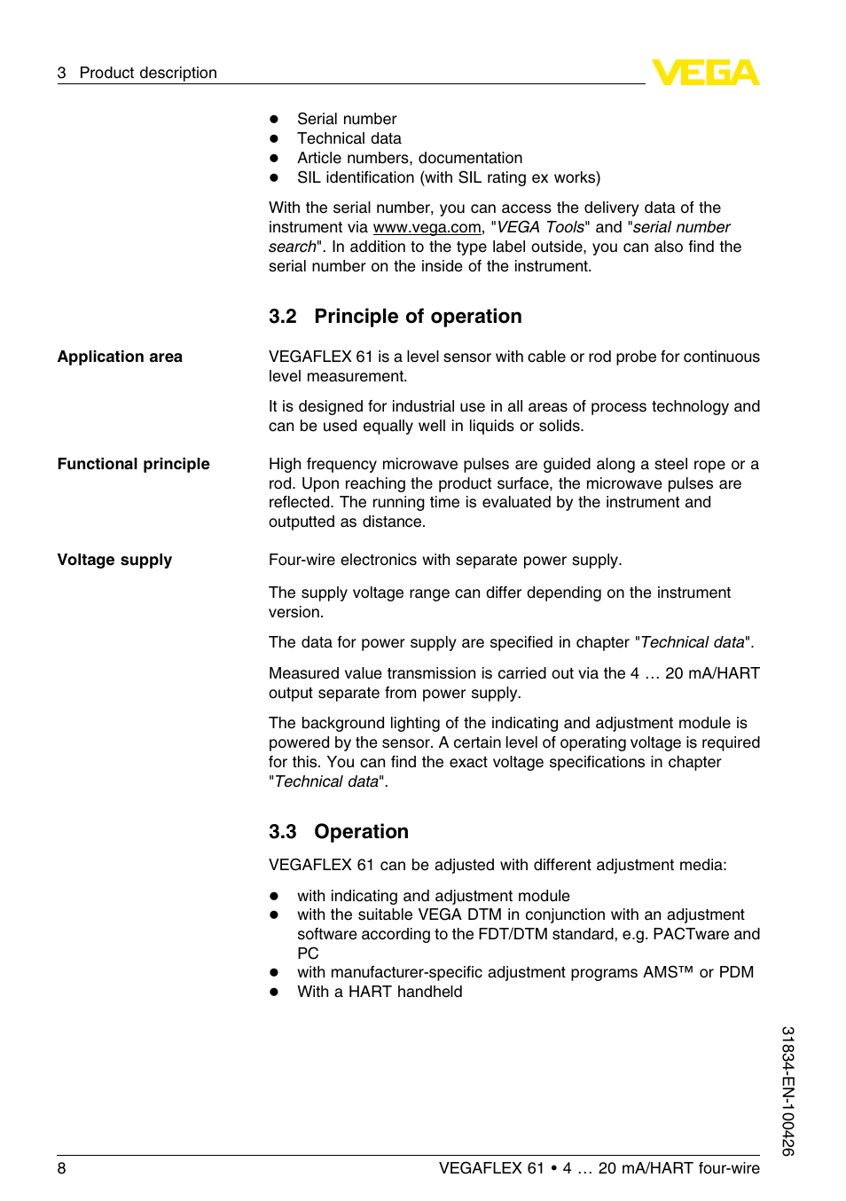 2 principle of operation, 3 operation | VEGA VEGAFLEX 61 4 … 20 mA_HART four-wire User Manual | Page 8 / 56