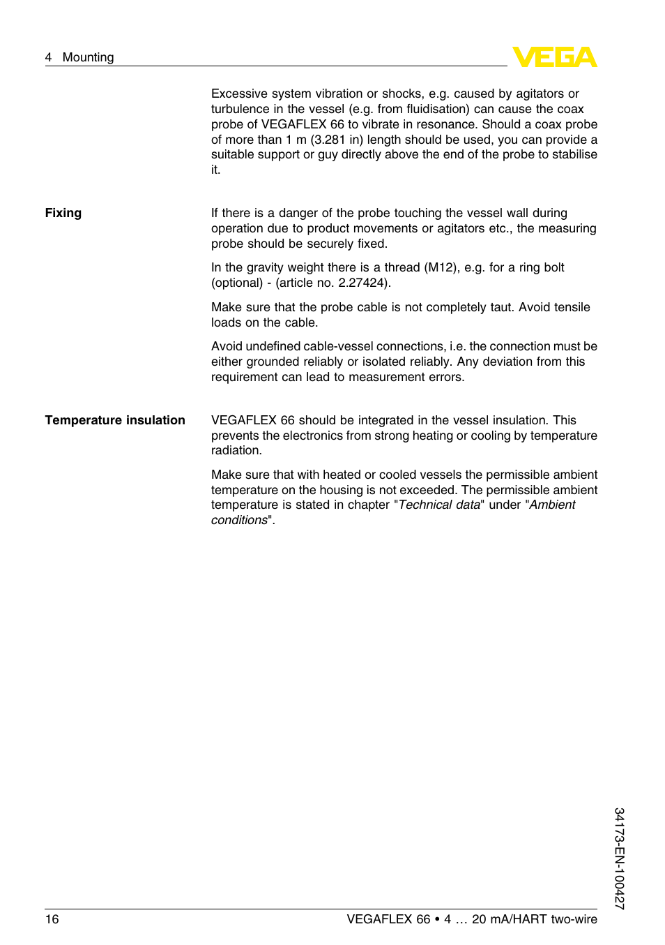 VEGA VEGAFLEX 66 (-200…+400°C) 4 … 20 mA_HART two-wire User Manual | Page 16 / 68