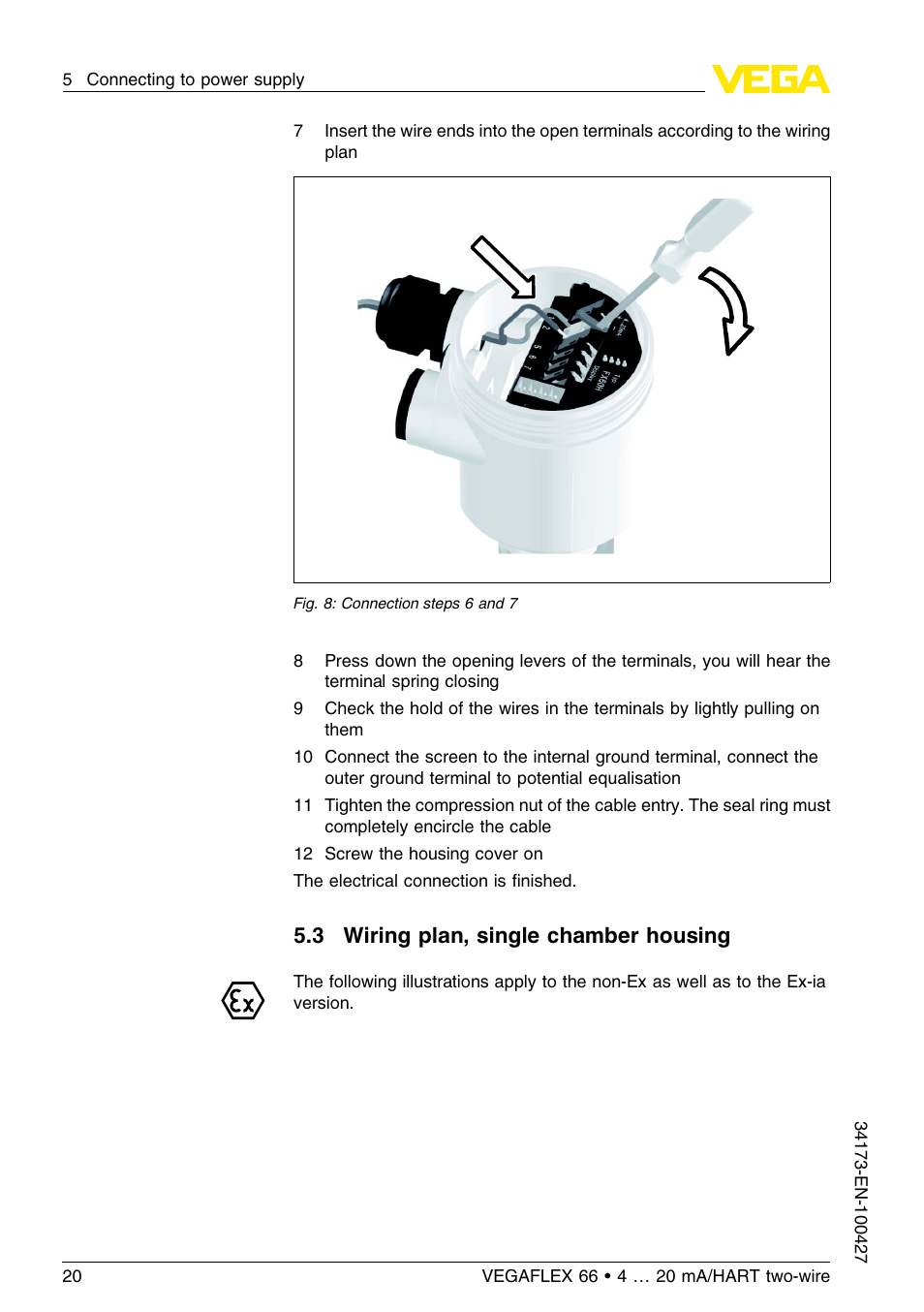 3 wiring plan, single chamber housing | VEGA VEGAFLEX 66 (-200…+400°C) 4 … 20 mA_HART two-wire User Manual | Page 20 / 68