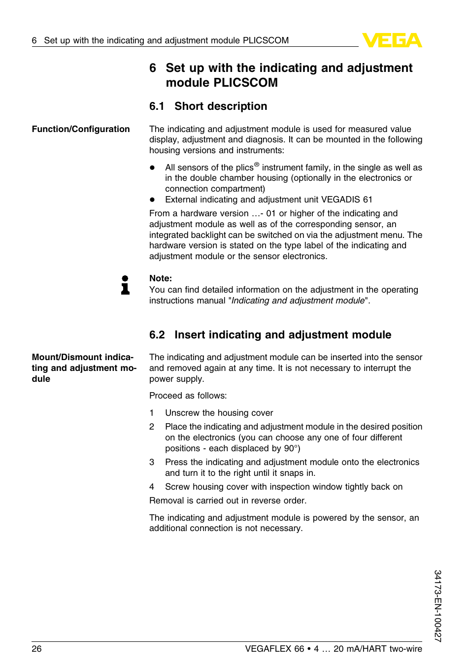 1 short description, 2 insert indicating and adjustment module | VEGA VEGAFLEX 66 (-200…+400°C) 4 … 20 mA_HART two-wire User Manual | Page 26 / 68