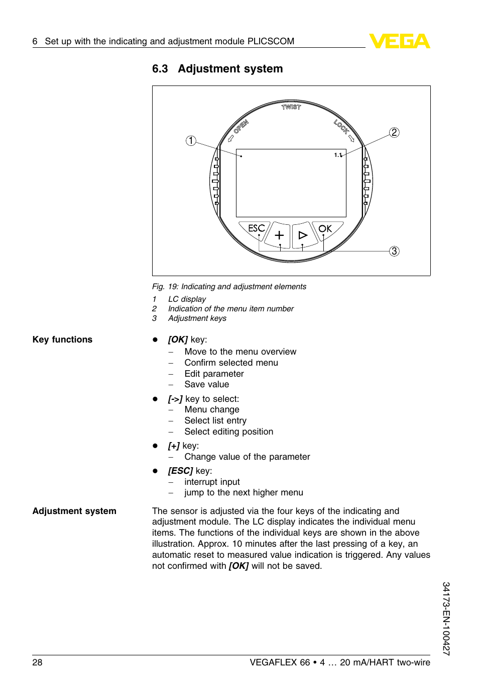 3 adjustment system | VEGA VEGAFLEX 66 (-200…+400°C) 4 … 20 mA_HART two-wire User Manual | Page 28 / 68