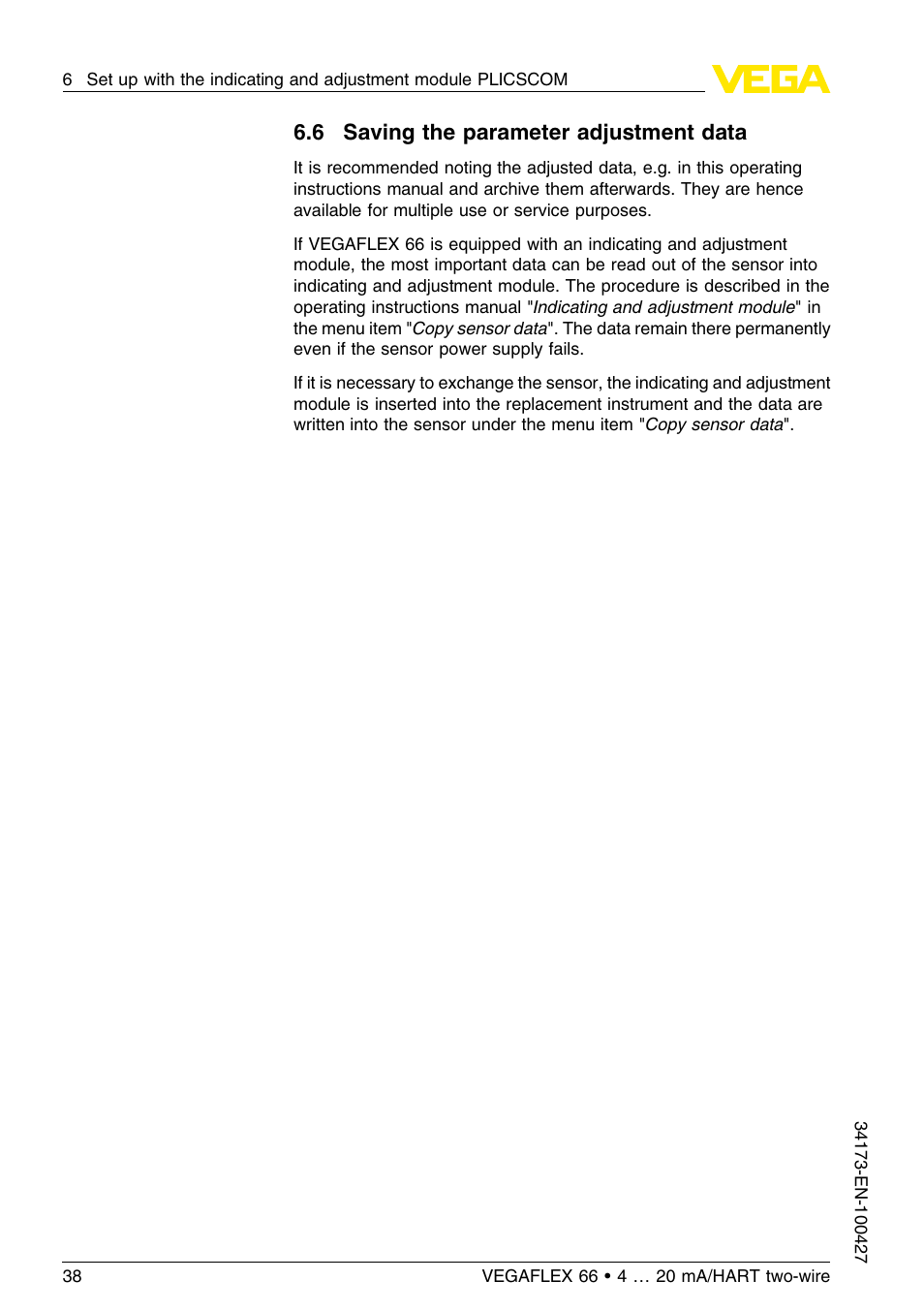 6 saving the parameter adjustment data | VEGA VEGAFLEX 66 (-200…+400°C) 4 … 20 mA_HART two-wire User Manual | Page 38 / 68