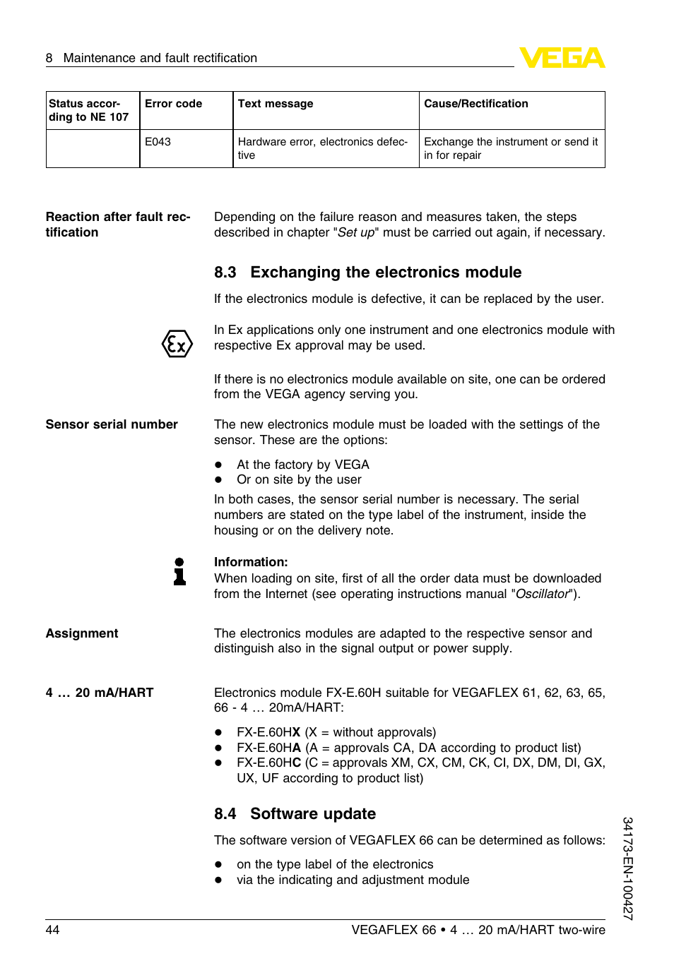 3 exchanging the electronics module, 4 software update | VEGA VEGAFLEX 66 (-200…+400°C) 4 … 20 mA_HART two-wire User Manual | Page 44 / 68