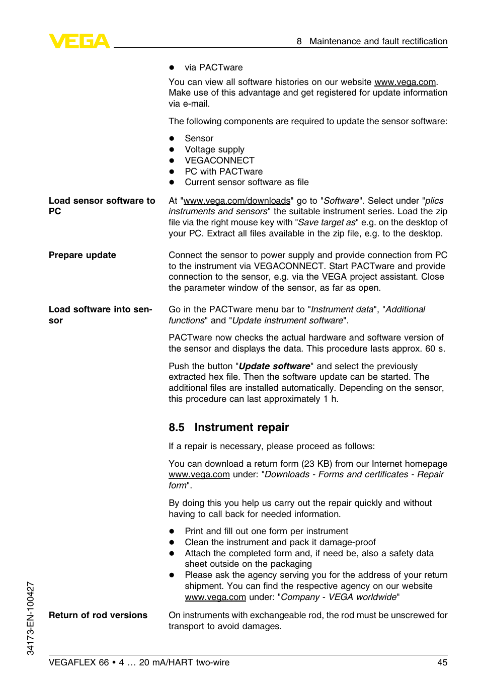 5 instrument repair | VEGA VEGAFLEX 66 (-200…+400°C) 4 … 20 mA_HART two-wire User Manual | Page 45 / 68