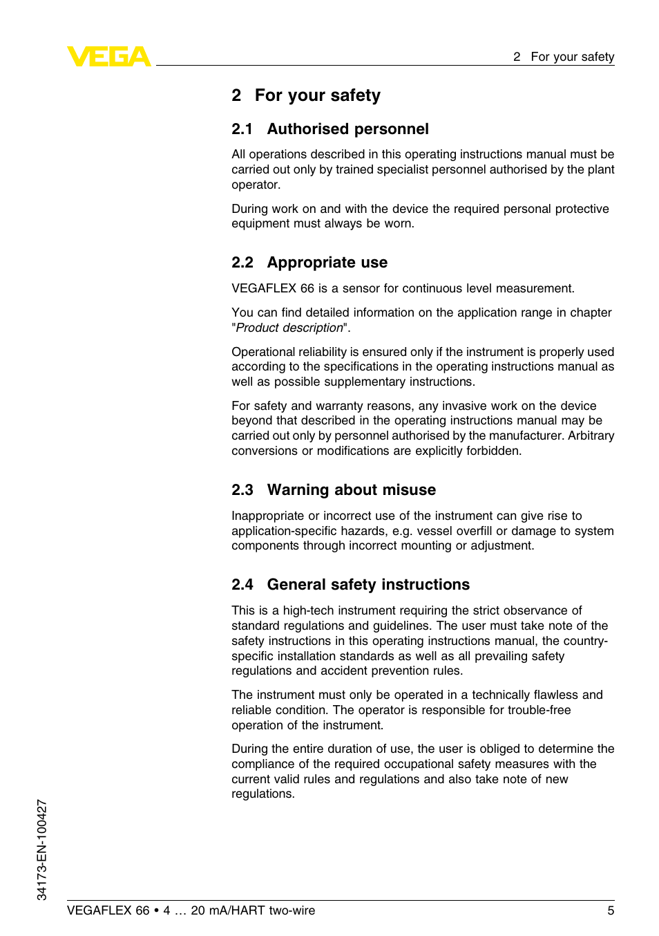 2 for your safety, 1 authorised personnel, 2 appropriate use | 3 warning about misuse, 4 general safety instructions, 2for your safety | VEGA VEGAFLEX 66 (-200…+400°C) 4 … 20 mA_HART two-wire User Manual | Page 5 / 68