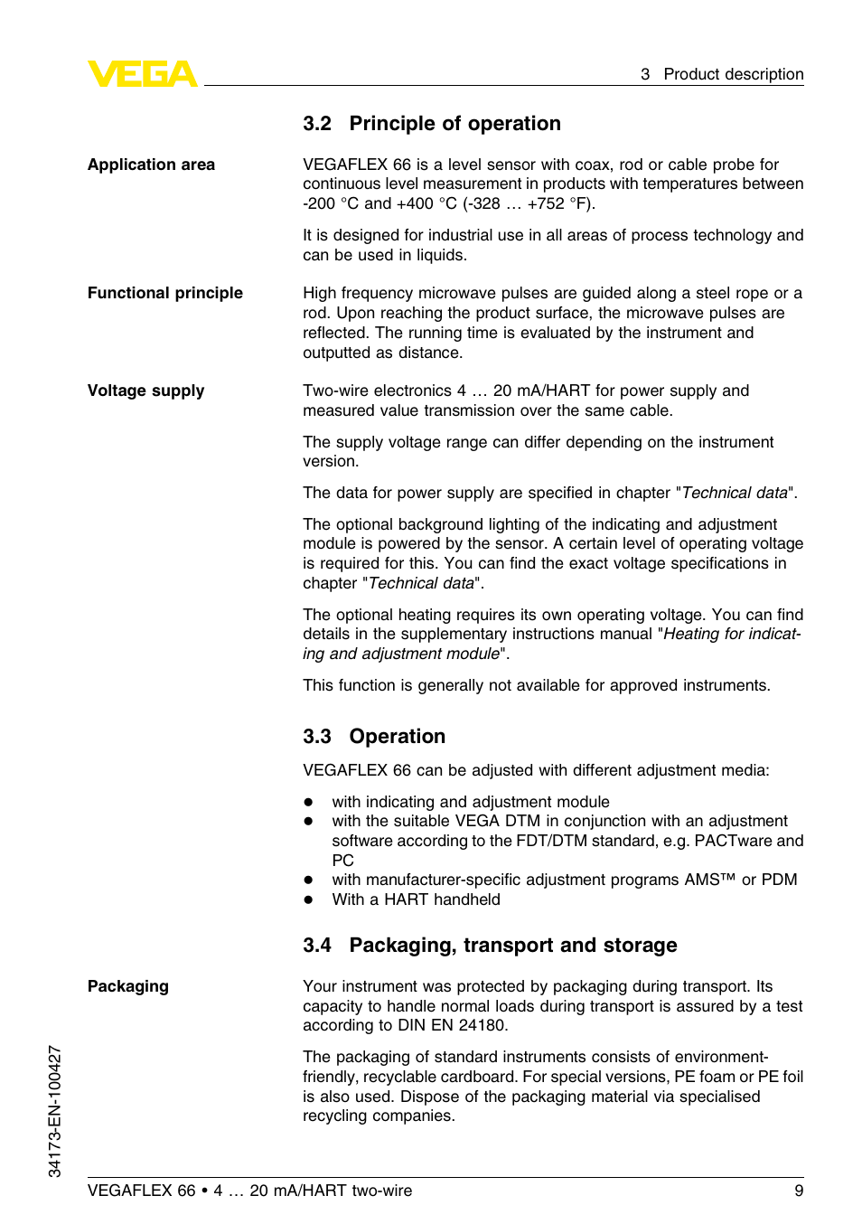 2 principle of operation, 3 operation, 4 packaging, transport and storage | VEGA VEGAFLEX 66 (-200…+400°C) 4 … 20 mA_HART two-wire User Manual | Page 9 / 68