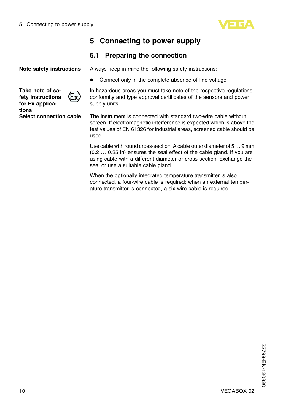 5 connecting to power supply, 1 preparing the connection, 5connecting to power supply | VEGA VEGABOX 02 User Manual | Page 10 / 24
