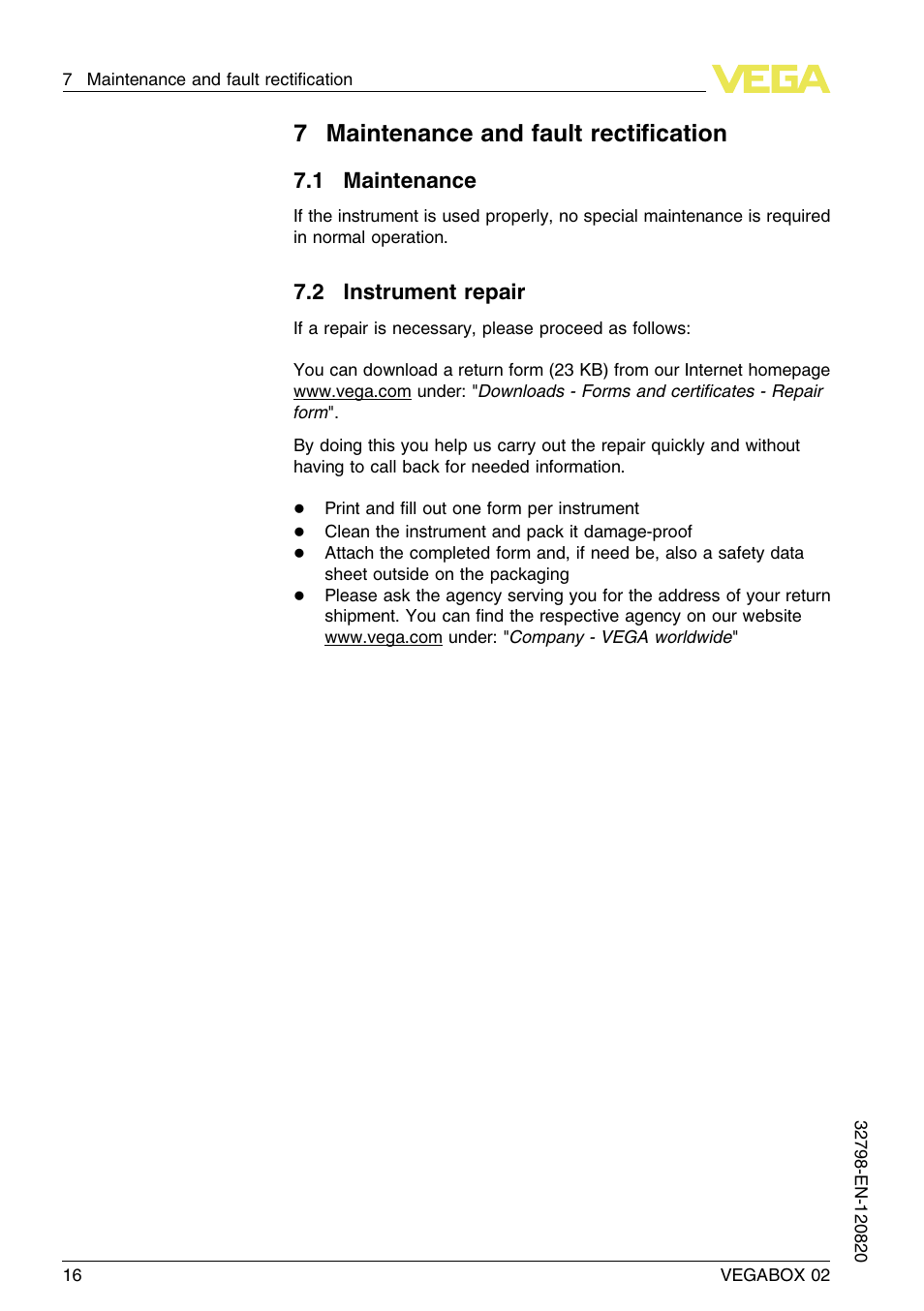 7 maintenance and fault rectification, 1 maintenance, 2 instrument repair | 7maintenance and fault rectiﬁcation | VEGA VEGABOX 02 User Manual | Page 16 / 24