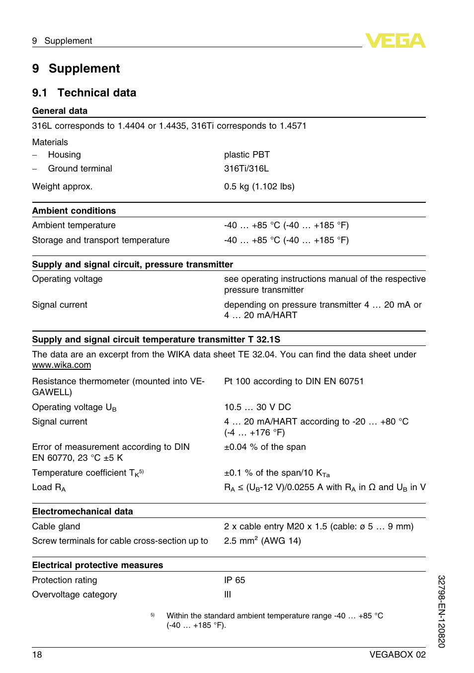 9 supplement, 1 technical data, 9supplement | VEGA VEGABOX 02 User Manual | Page 18 / 24