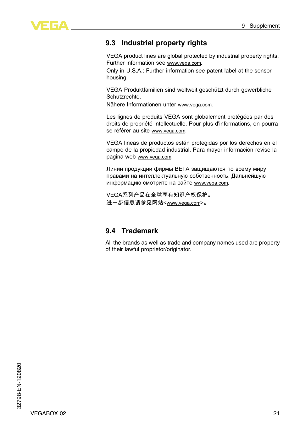 3 industrial property rights, 4 trademark | VEGA VEGABOX 02 User Manual | Page 21 / 24