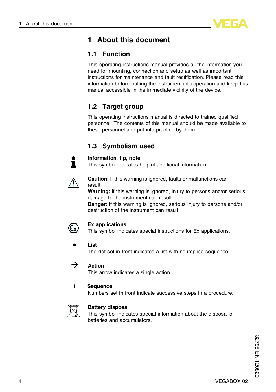 1 about this document, 1 function, 2 target group | 3 symbolism used, 1about this document | VEGA VEGABOX 02 User Manual | Page 4 / 24