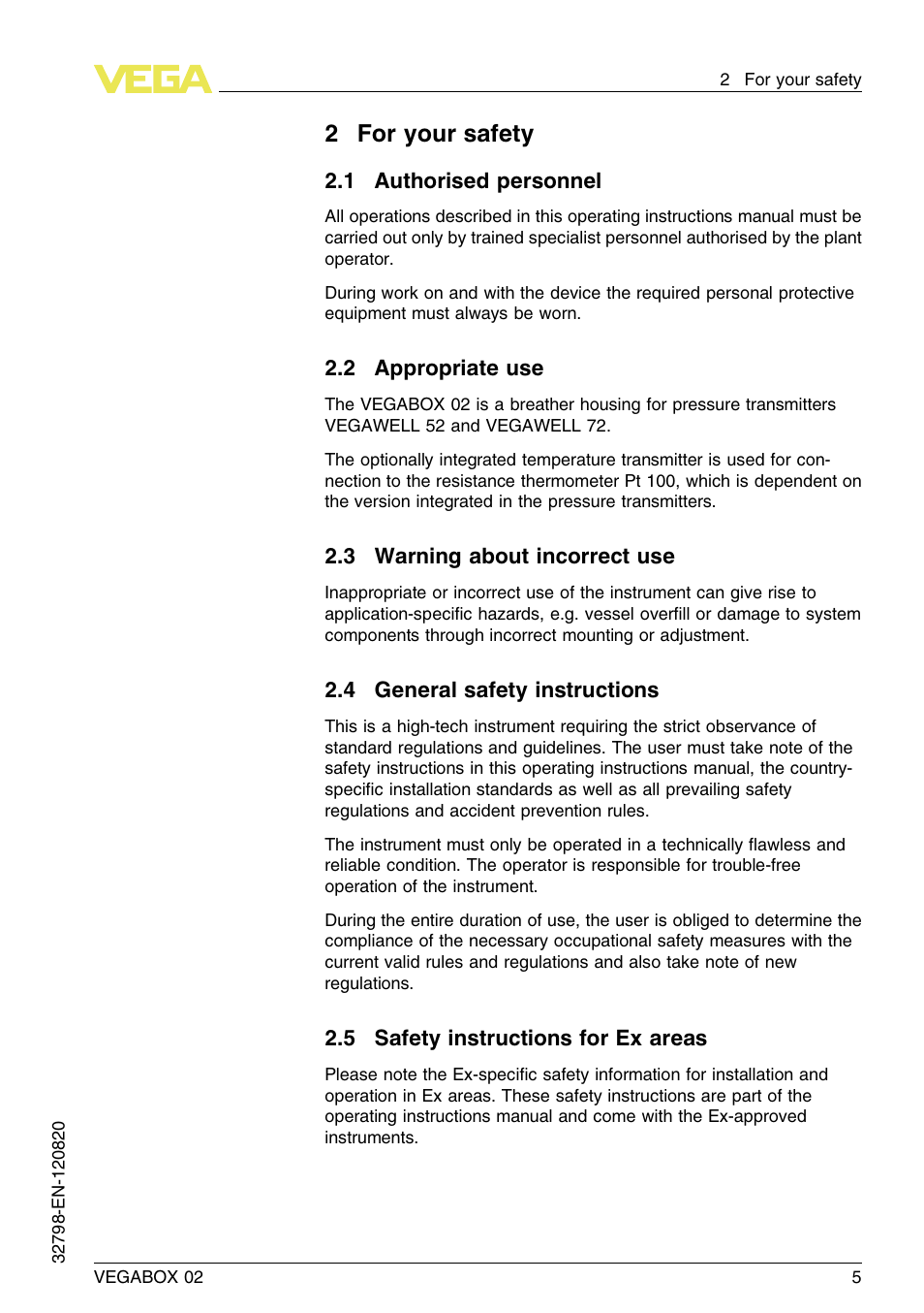 2 for your safety, 1 authorised personnel, 2 appropriate use | 3 warning about incorrect use, 4 general safety instructions, 2for your safety | VEGA VEGABOX 02 User Manual | Page 5 / 24