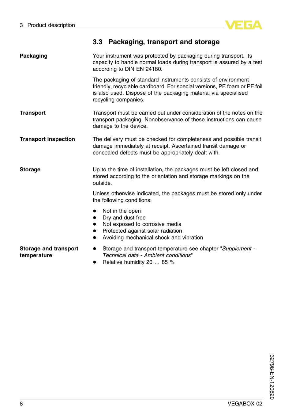 3 packaging, transport and storage | VEGA VEGABOX 02 User Manual | Page 8 / 24