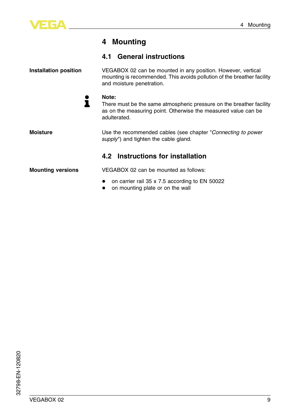 4 mounting, 1 general instructions, 2 instructions for installation | 4mounting | VEGA VEGABOX 02 User Manual | Page 9 / 24