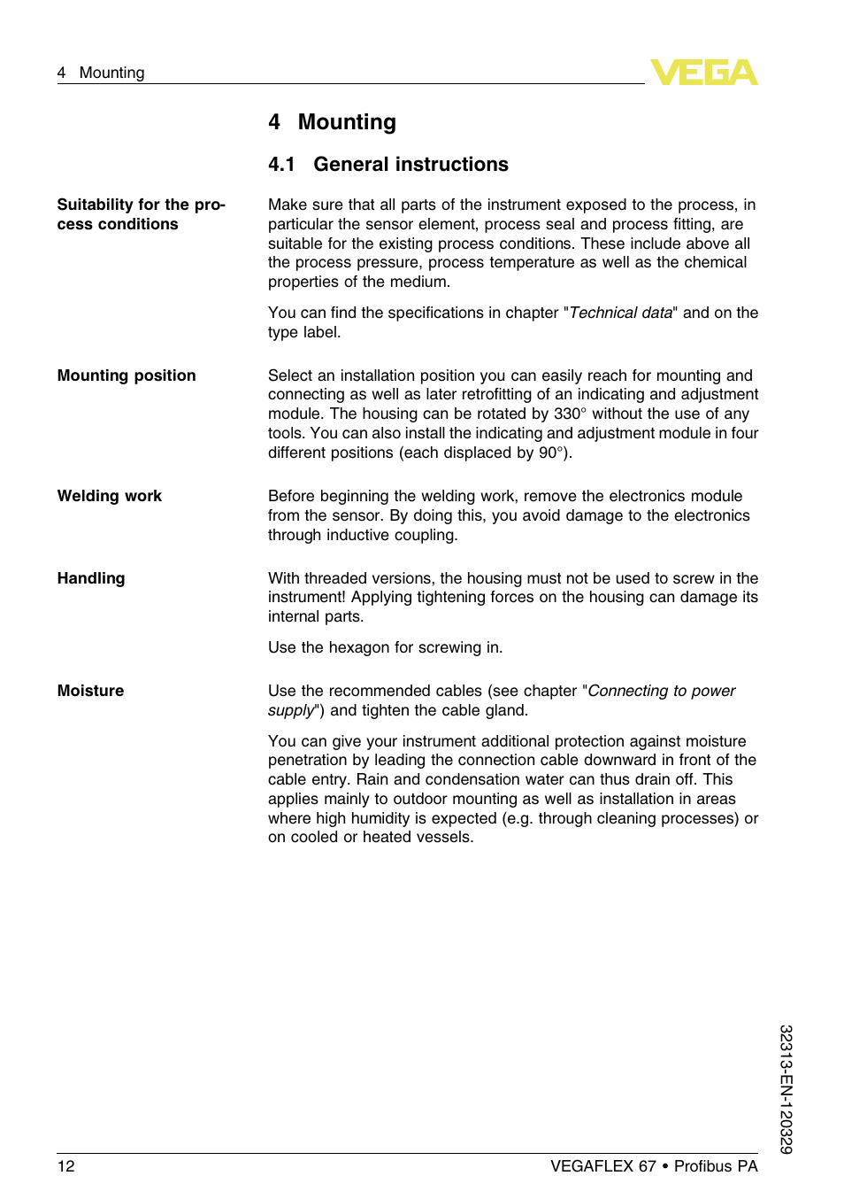 4 mounting, 1 general instructions | VEGA VEGAFLEX 67 (-200…+400°C) Profibus PA User Manual | Page 12 / 64