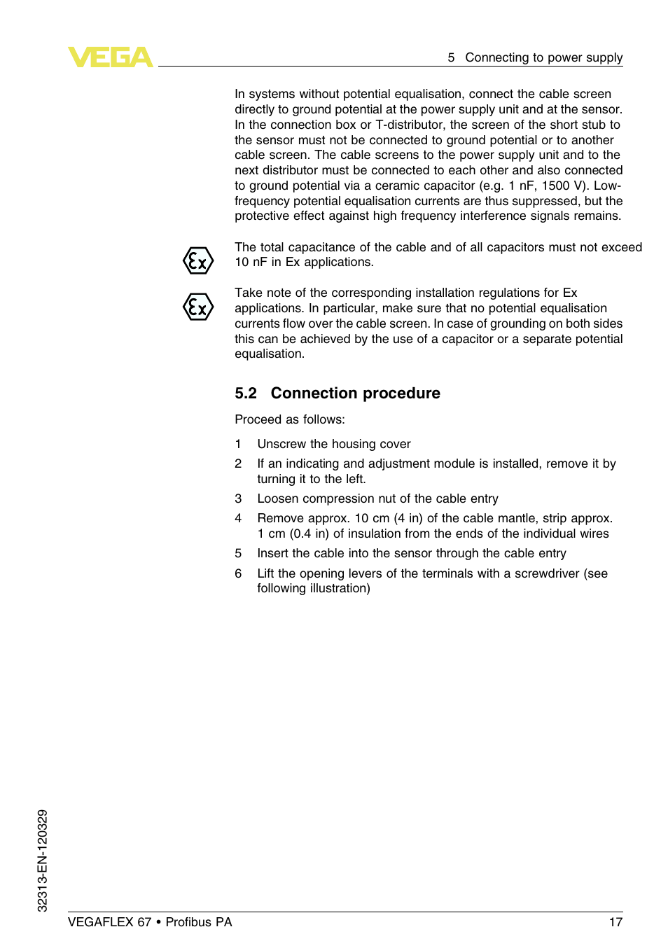 2 connection procedure | VEGA VEGAFLEX 67 (-200…+400°C) Profibus PA User Manual | Page 17 / 64