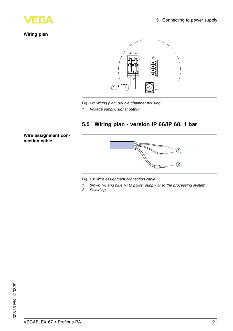 5 wiring plan – version ip66/ip68, 1bar | VEGA VEGAFLEX 67 (-200…+400°C) Profibus PA User Manual | Page 21 / 64