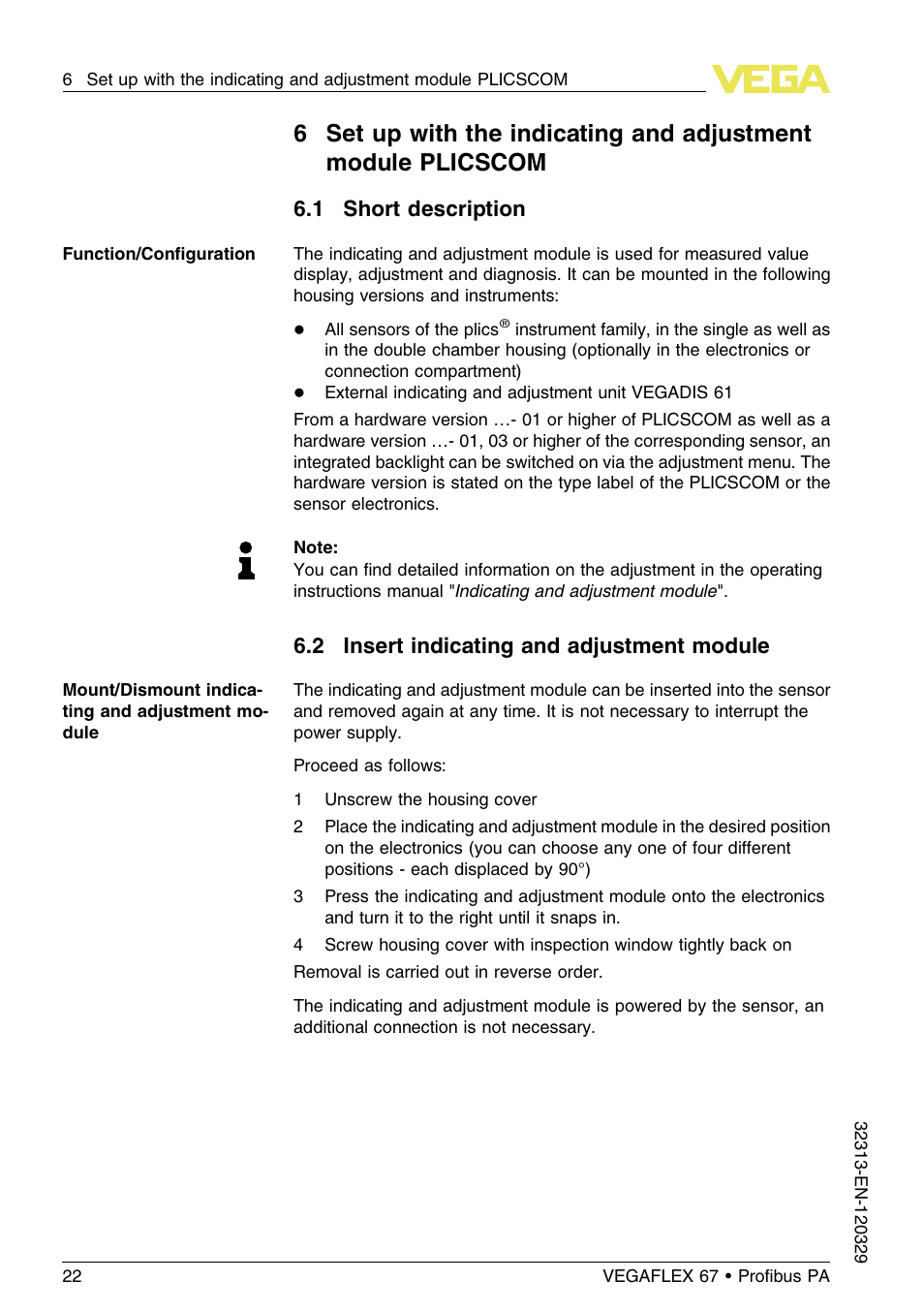1 short description, 2 insert indicating and adjustment module | VEGA VEGAFLEX 67 (-200…+400°C) Profibus PA User Manual | Page 22 / 64