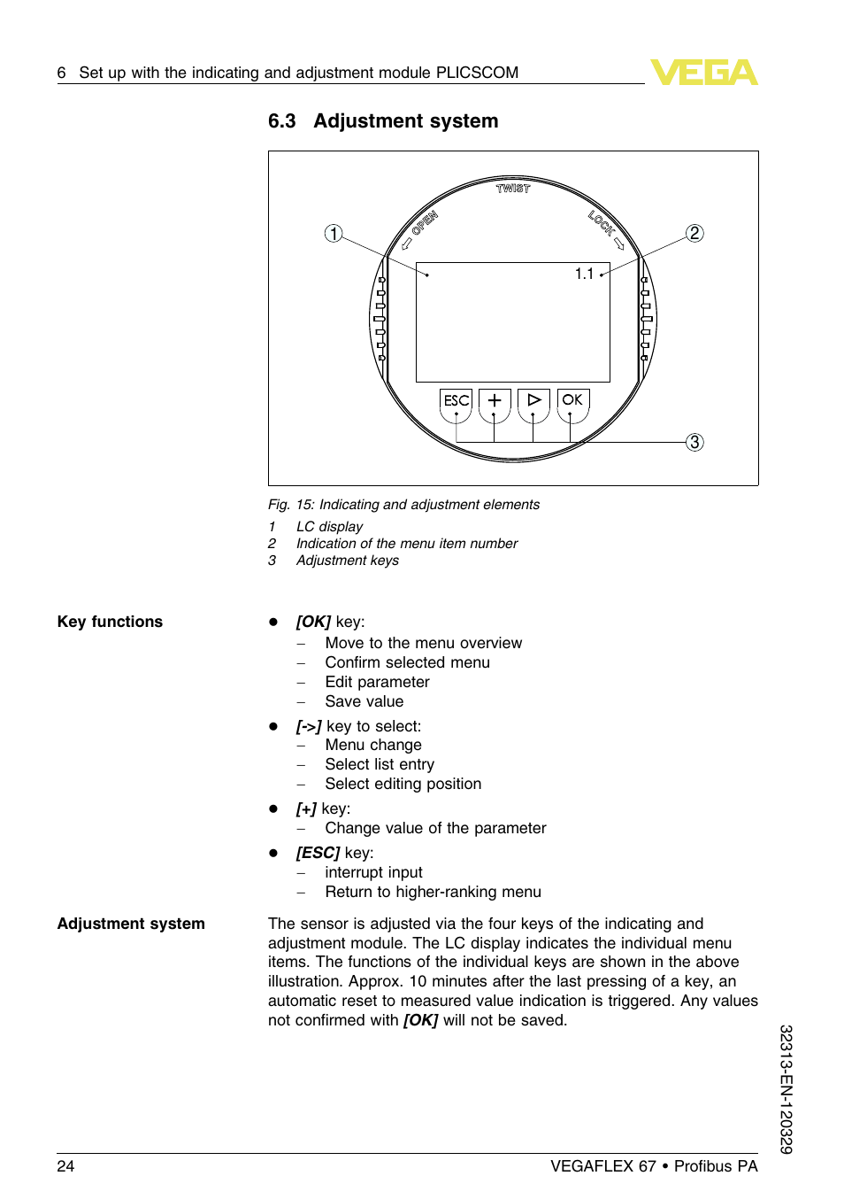3 adjustment system | VEGA VEGAFLEX 67 (-200…+400°C) Profibus PA User Manual | Page 24 / 64