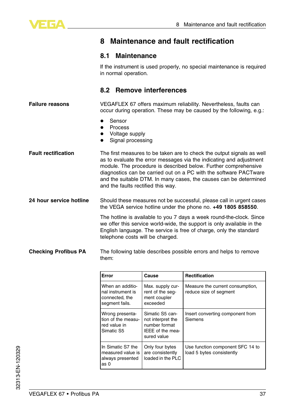 8 maintenance and fault rectification, 1 maintenance, 2 remove interferences | 8 maintenance and fault rectiﬁcation | VEGA VEGAFLEX 67 (-200…+400°C) Profibus PA User Manual | Page 37 / 64