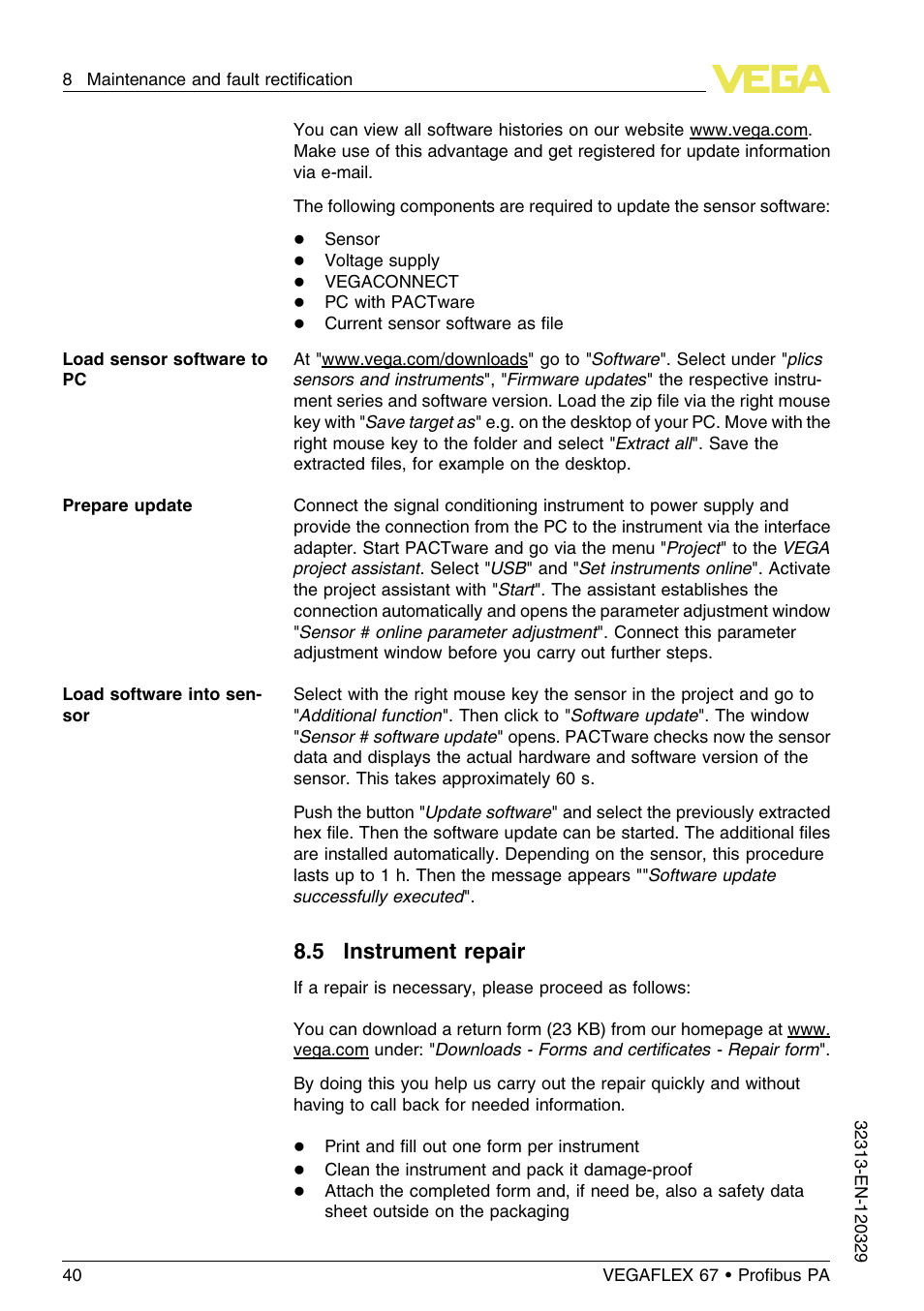 5 instrument repair | VEGA VEGAFLEX 67 (-200…+400°C) Profibus PA User Manual | Page 40 / 64