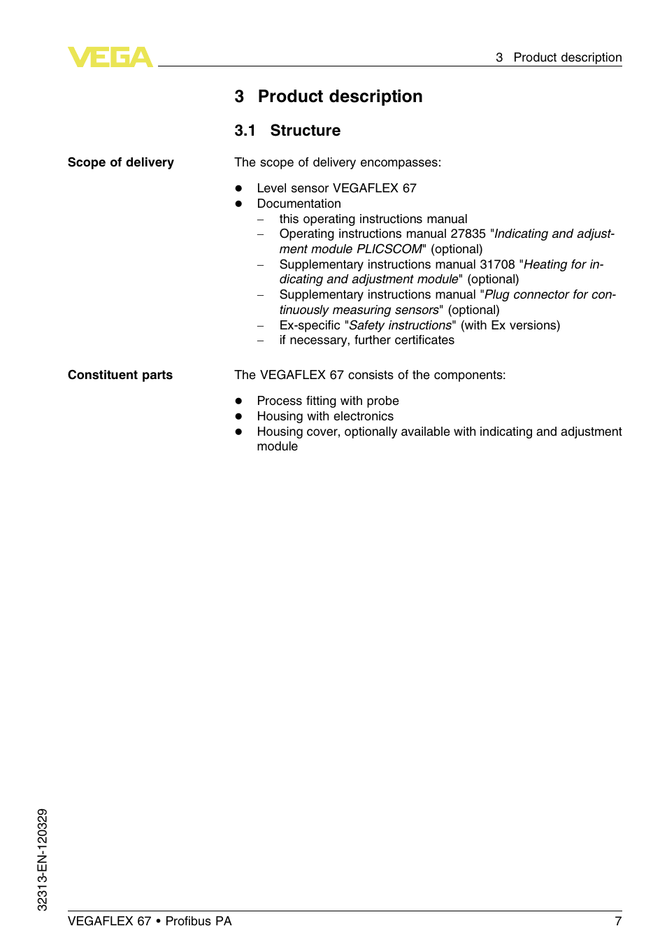 1 structure, 3 product description | VEGA VEGAFLEX 67 (-200…+400°C) Profibus PA User Manual | Page 7 / 64