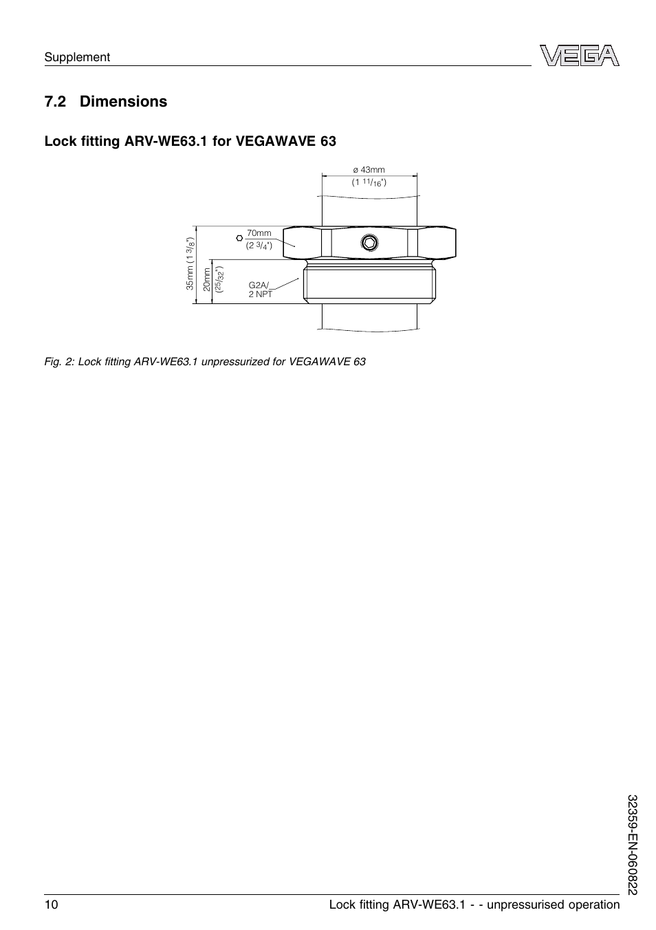 2 dimensions | VEGA VEGAWAVE 63 Lock ﬁtting ARV-WE63.1 - unpressurised operation User Manual | Page 10 / 12