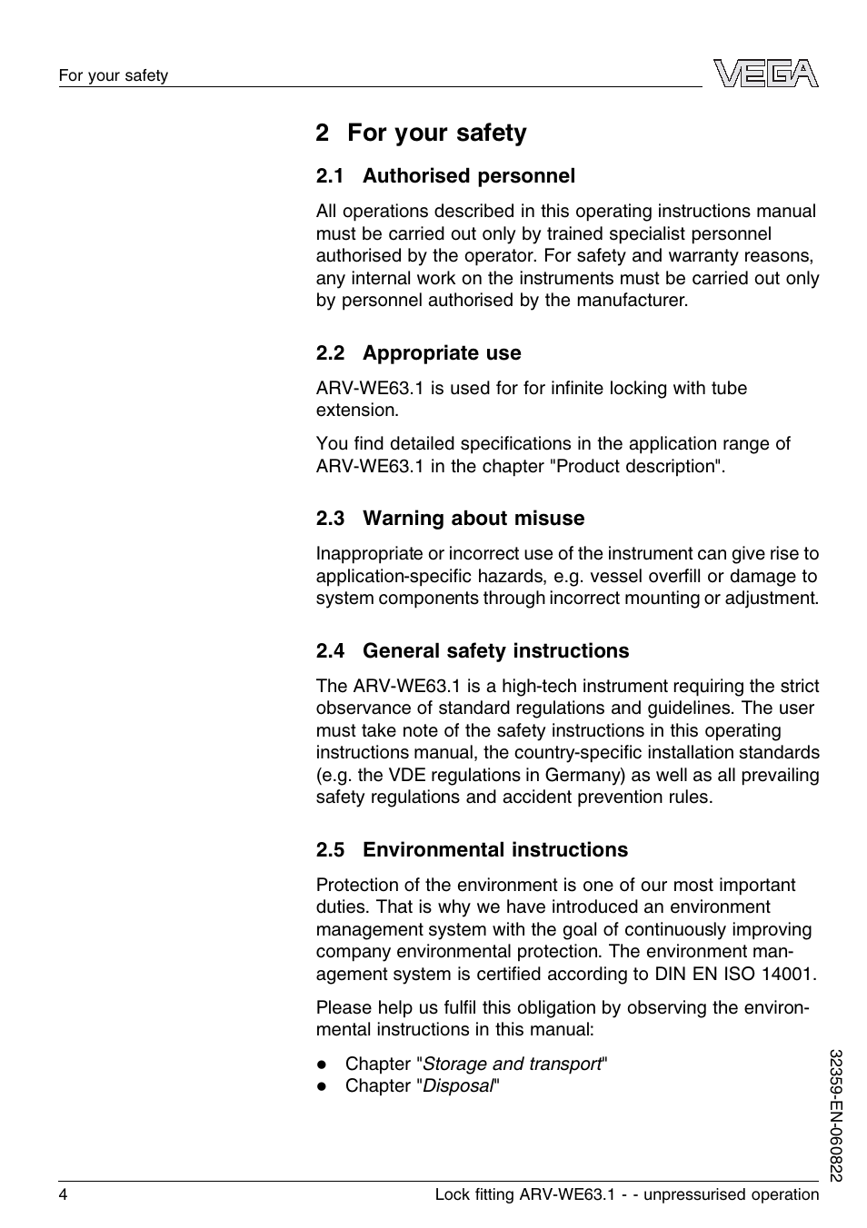 2 for your safety, 1 authorised personnel, 2 appropriate use | 3 warning about misuse, 4 general safety instructions, 5 environmental instructions | VEGA VEGAWAVE 63 Lock ﬁtting ARV-WE63.1 - unpressurised operation User Manual | Page 4 / 12