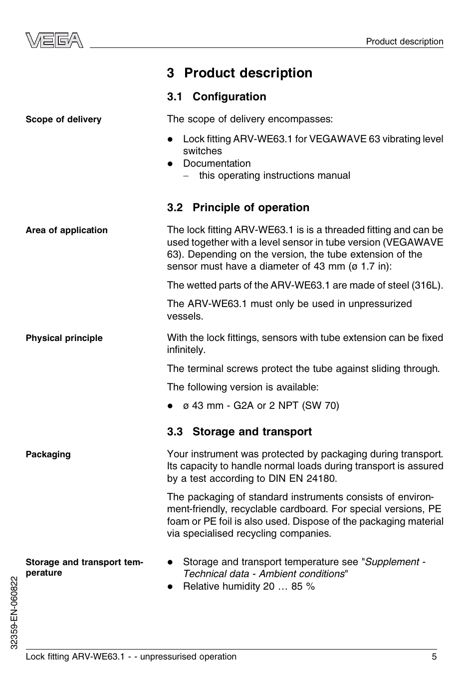 3 product description, 1 configuration, 2 principle of operation | 3 storage and transport | VEGA VEGAWAVE 63 Lock ﬁtting ARV-WE63.1 - unpressurised operation User Manual | Page 5 / 12