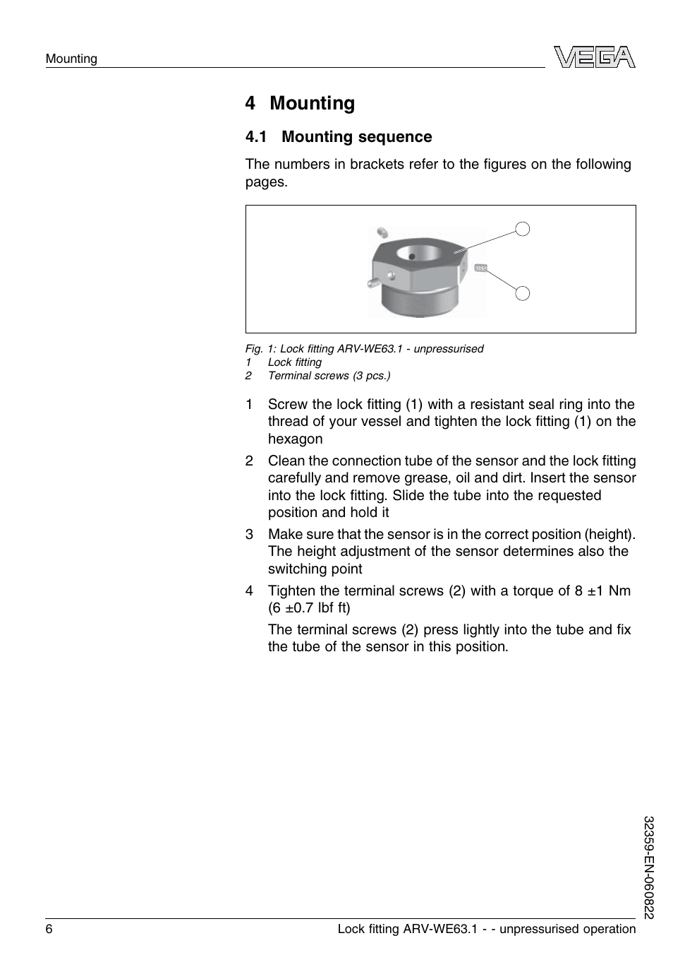 4 mounting, 1 mounting sequence | VEGA VEGAWAVE 63 Lock ﬁtting ARV-WE63.1 - unpressurised operation User Manual | Page 6 / 12