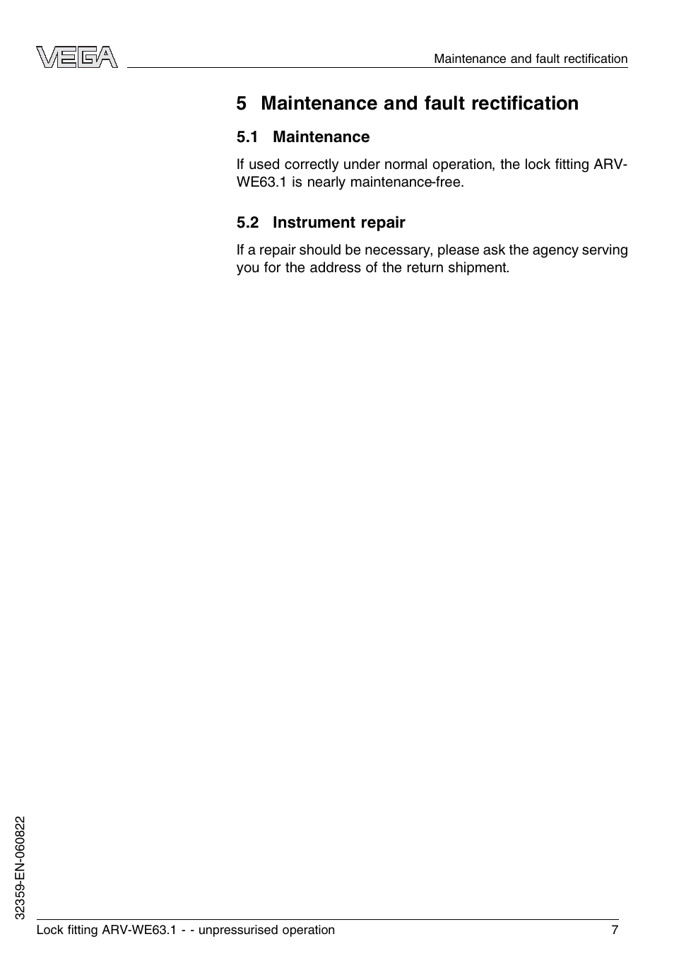 5 maintenance and fault rectification, 1 maintenance, 2 instrument repair | 5 maintenance and fault rectiﬁcation | VEGA VEGAWAVE 63 Lock ﬁtting ARV-WE63.1 - unpressurised operation User Manual | Page 7 / 12
