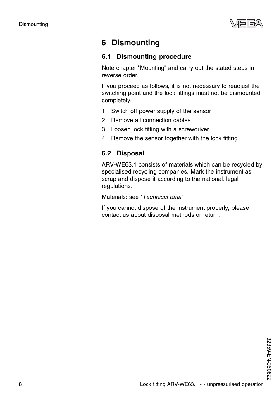 6 dismounting, 1 dismounting procedure, 2 disposal | VEGA VEGAWAVE 63 Lock ﬁtting ARV-WE63.1 - unpressurised operation User Manual | Page 8 / 12