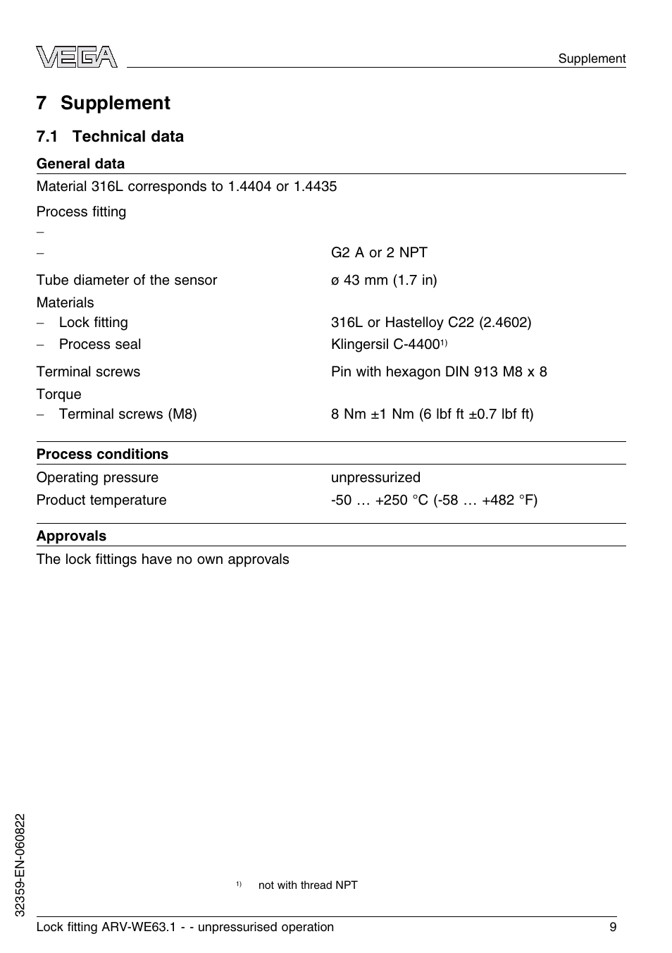 7 supplement, 1 technical data | VEGA VEGAWAVE 63 Lock ﬁtting ARV-WE63.1 - unpressurised operation User Manual | Page 9 / 12