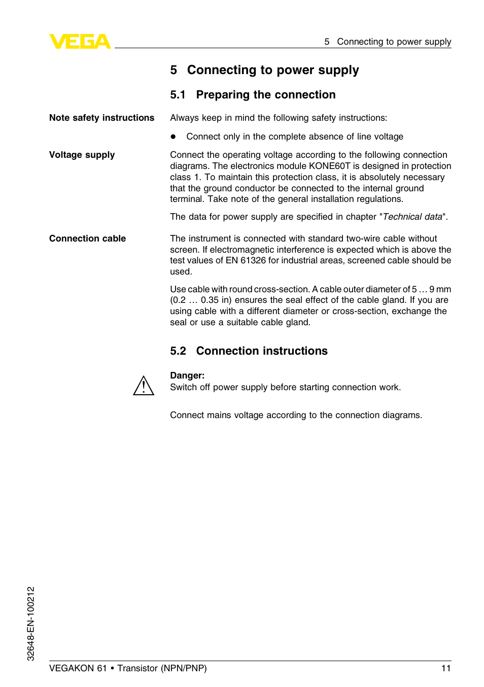 5 connecting to power supply, 1 preparing the connection, 2 connection instructions | 5connecting to power supply | VEGA VEGAKON 61 - Transistor (NPN_PNP) User Manual | Page 11 / 24