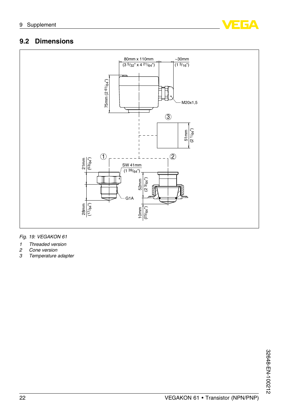 2 dimensions | VEGA VEGAKON 61 - Transistor (NPN_PNP) User Manual | Page 22 / 24