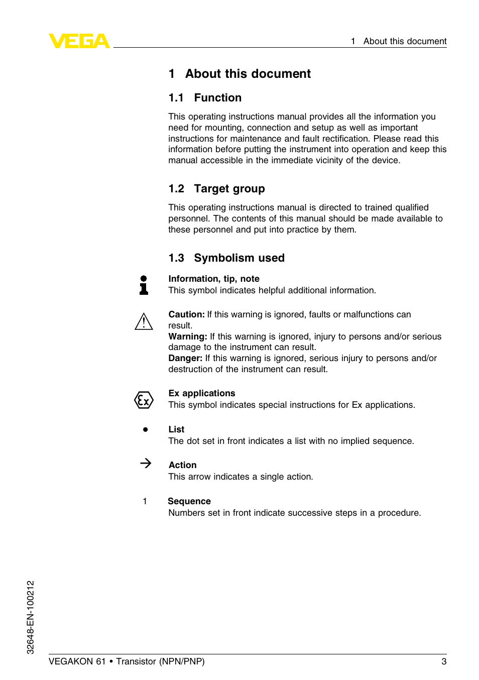1 about this document, 1 function, 2 target group | 3 symbolism used, 1about this document | VEGA VEGAKON 61 - Transistor (NPN_PNP) User Manual | Page 3 / 24