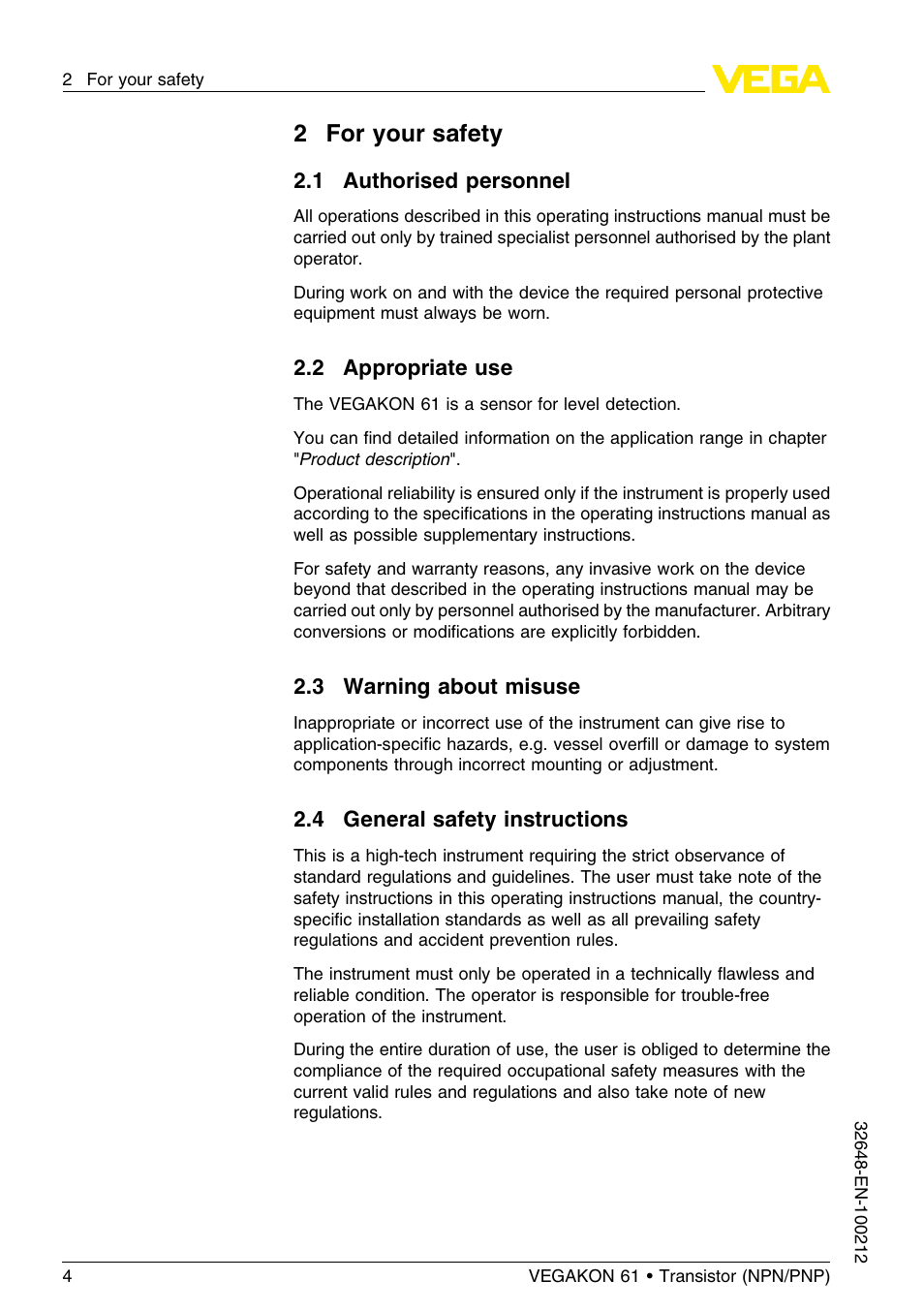2 for your safety, 1 authorised personnel, 2 appropriate use | 3 warning about misuse, 4 general safety instructions, 2for your safety | VEGA VEGAKON 61 - Transistor (NPN_PNP) User Manual | Page 4 / 24