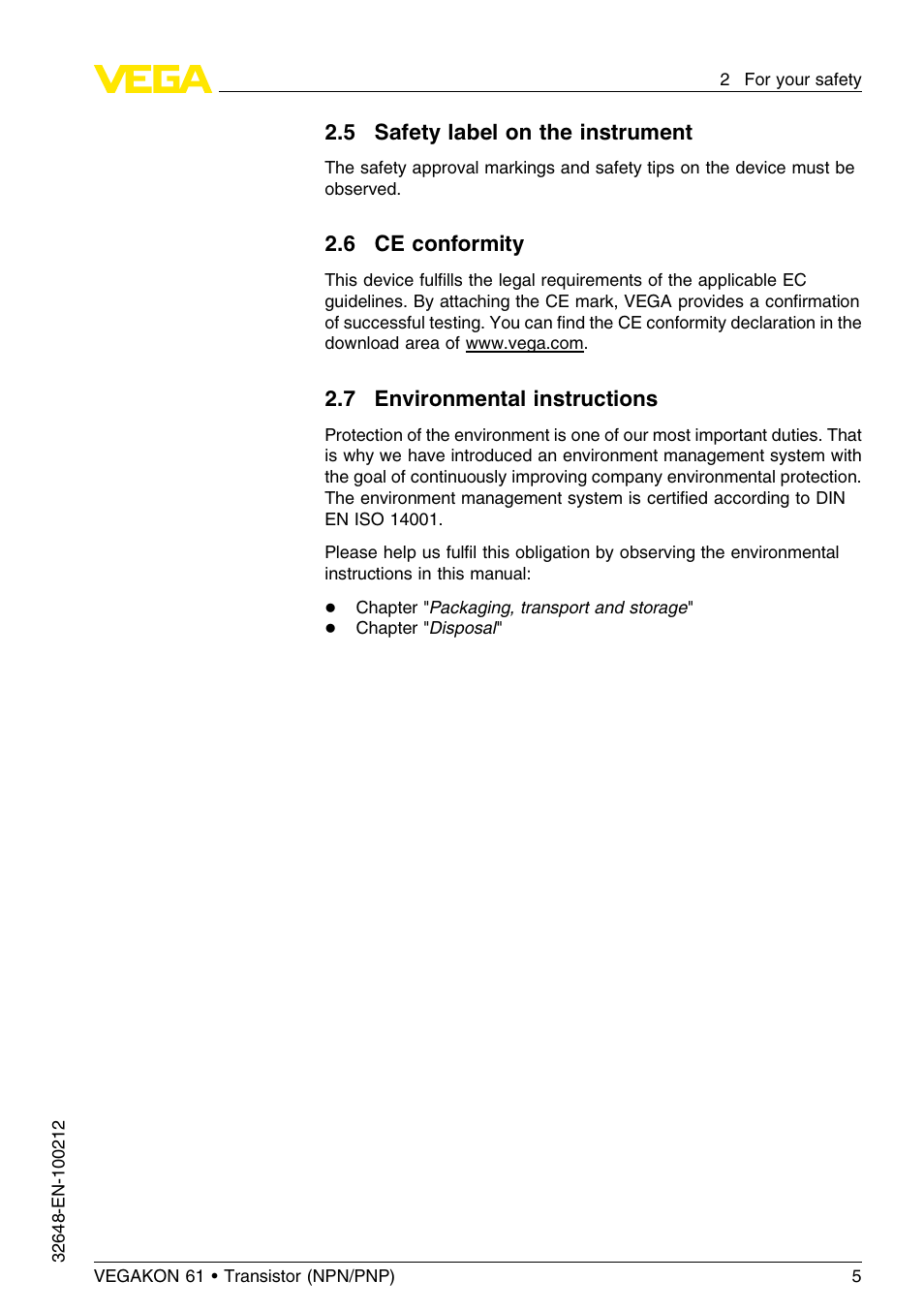5 safety label on the instrument, 6 ce conformity, 7 environmental instructions | VEGA VEGAKON 61 - Transistor (NPN_PNP) User Manual | Page 5 / 24