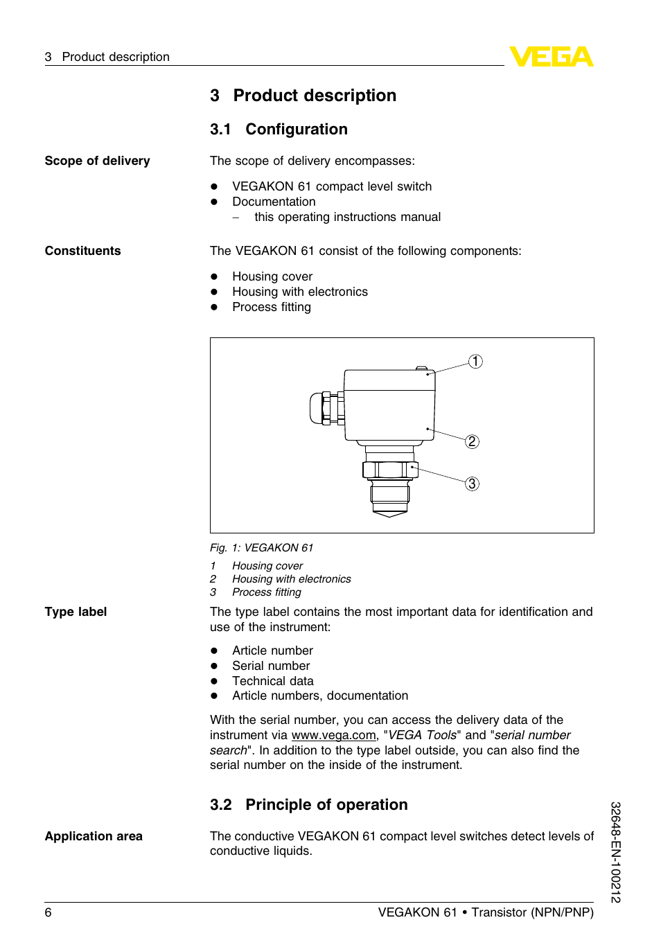 3 product description, 1 configuration, 2 principle of operation | 3product description, 1 conﬁguration | VEGA VEGAKON 61 - Transistor (NPN_PNP) User Manual | Page 6 / 24