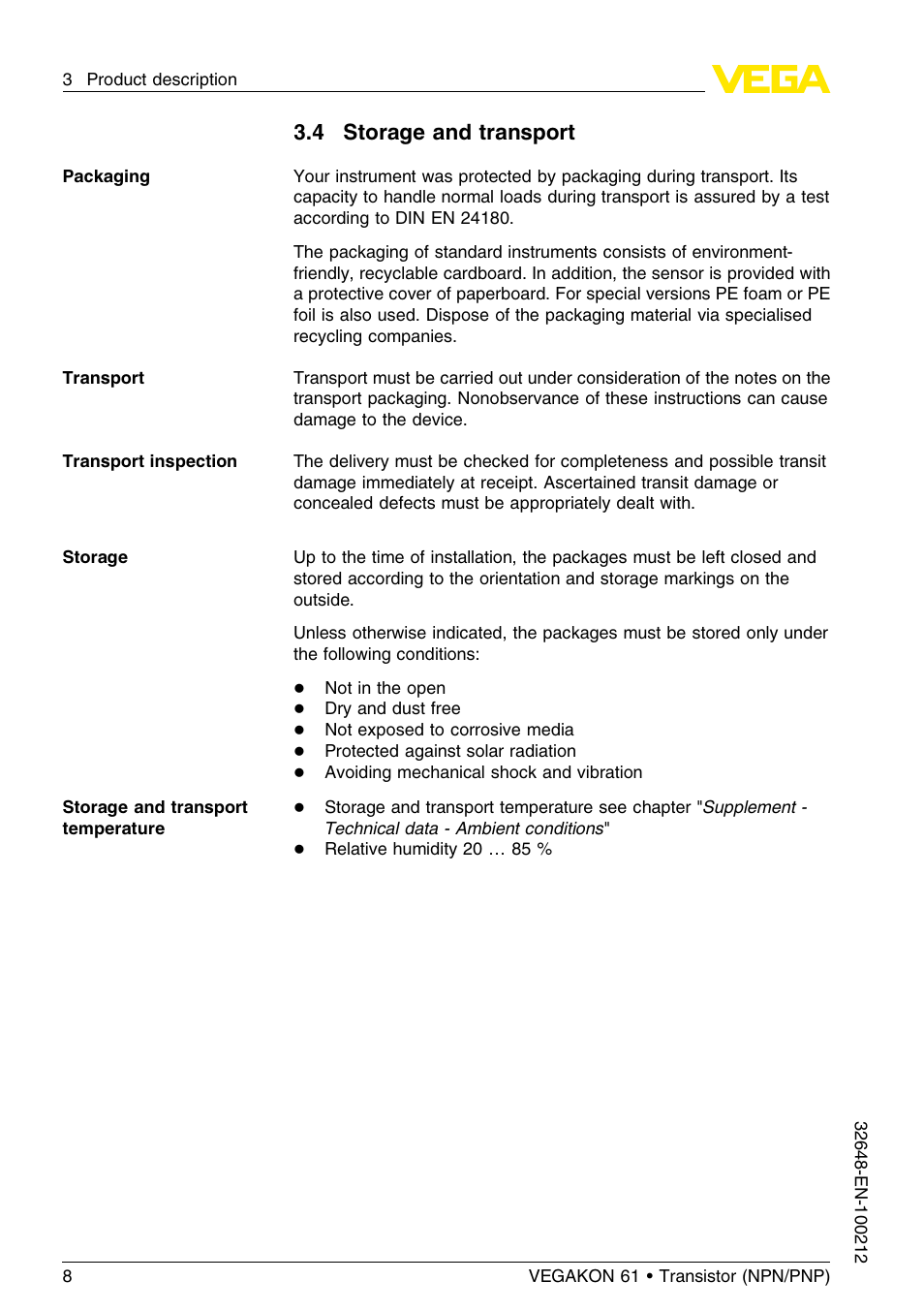 4 storage and transport | VEGA VEGAKON 61 - Transistor (NPN_PNP) User Manual | Page 8 / 24