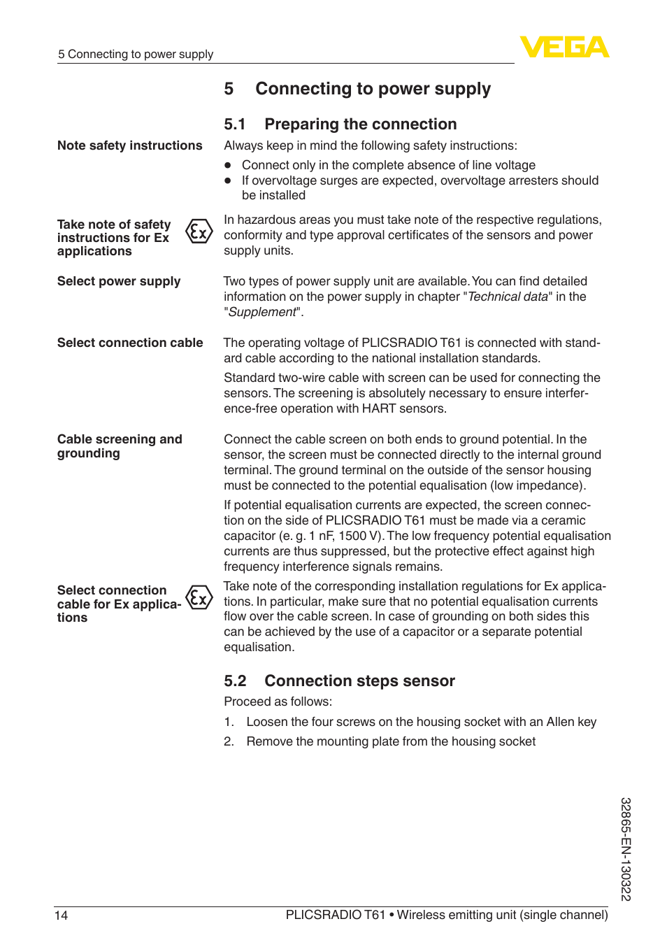 5 connecting to power supply | VEGA PLICSRADIO T61 Wireless emitting unit User Manual | Page 14 / 40