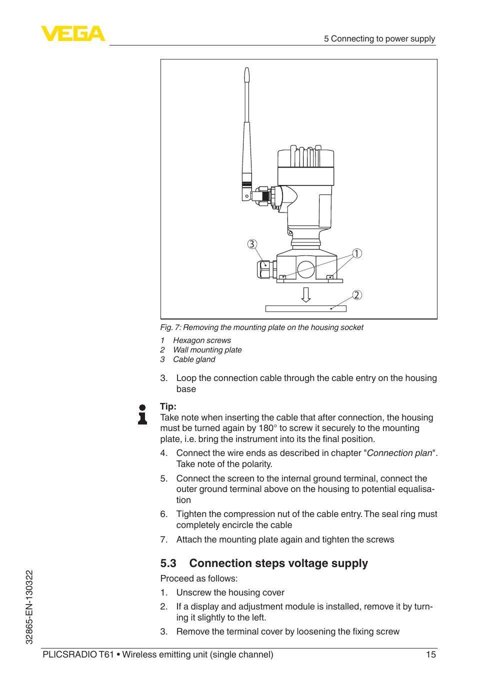 3 connection steps voltage supply | VEGA PLICSRADIO T61 Wireless emitting unit User Manual | Page 15 / 40