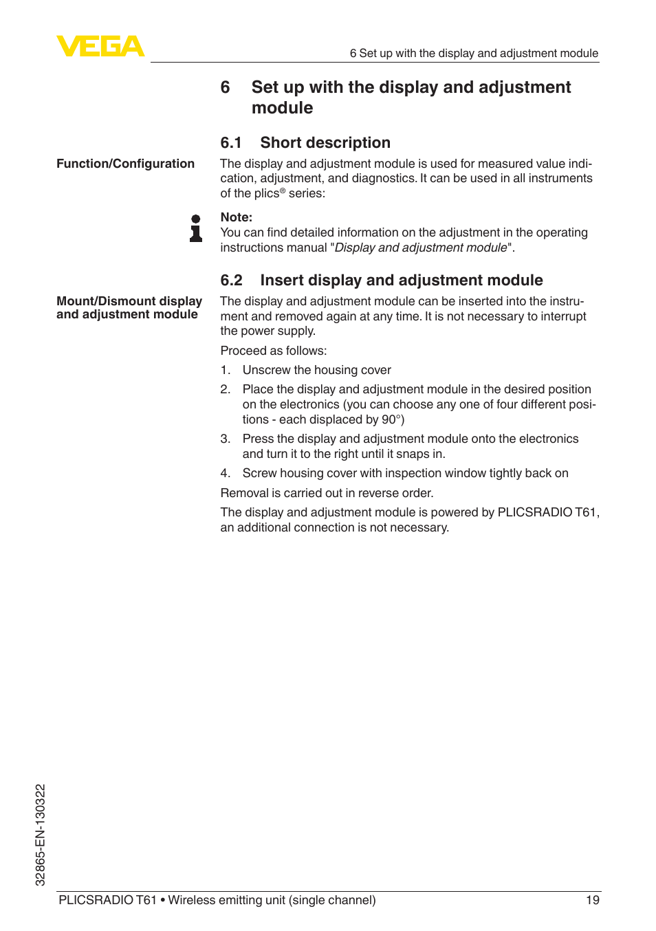 6 set up with the display and adjustment module, 1 short description, 2 insert display and adjustment module | VEGA PLICSRADIO T61 Wireless emitting unit User Manual | Page 19 / 40