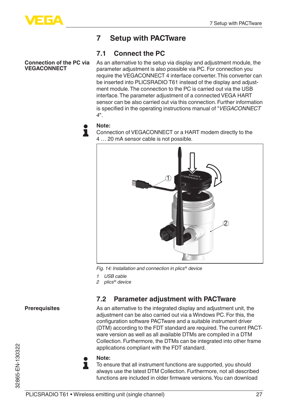 7 setup with pactware, 1 connect the pc, 2 parameter adjustment with pactware | VEGA PLICSRADIO T61 Wireless emitting unit User Manual | Page 27 / 40