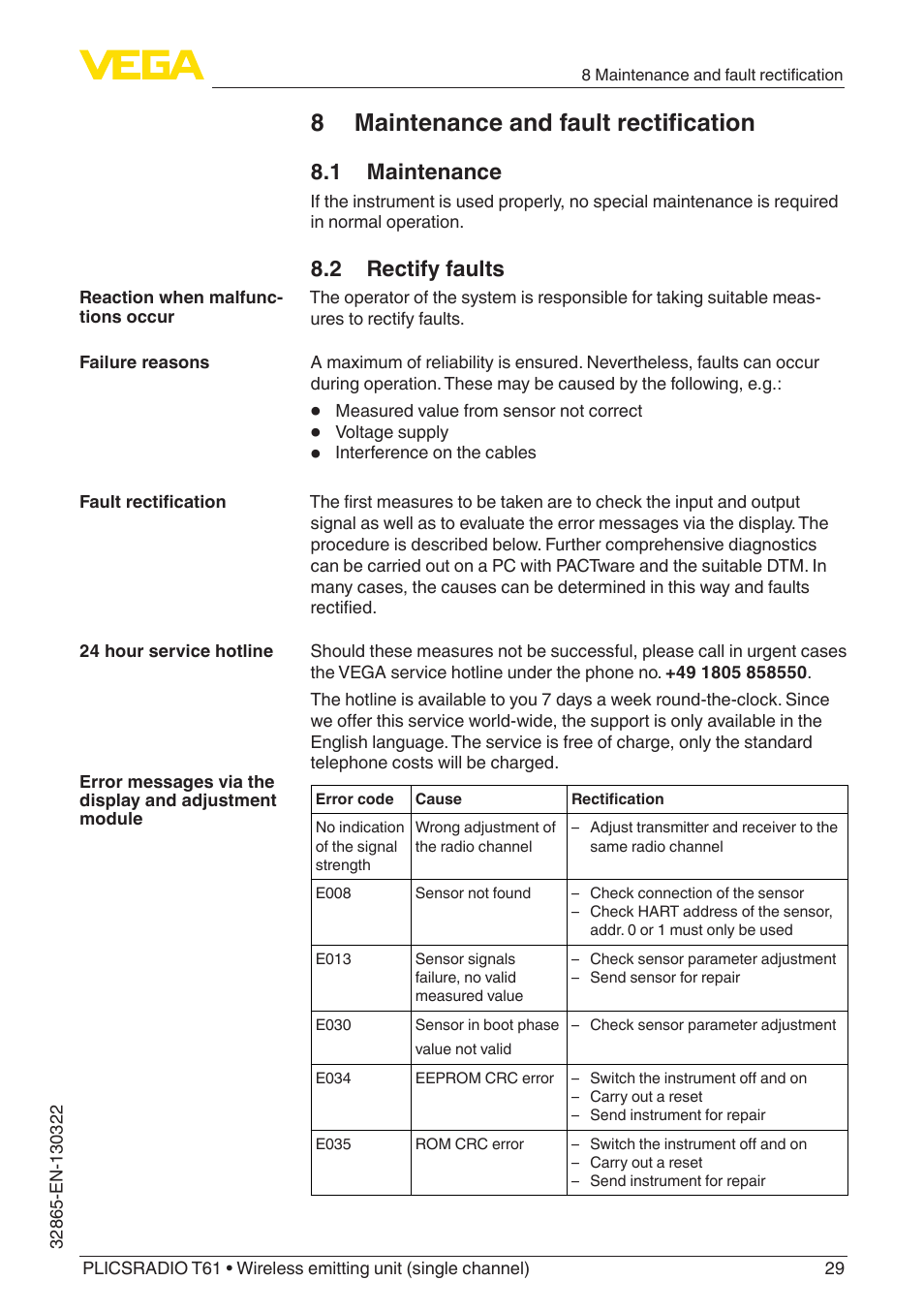 8 maintenance and fault rectification, 1 maintenance, 2 rectify faults | VEGA PLICSRADIO T61 Wireless emitting unit User Manual | Page 29 / 40