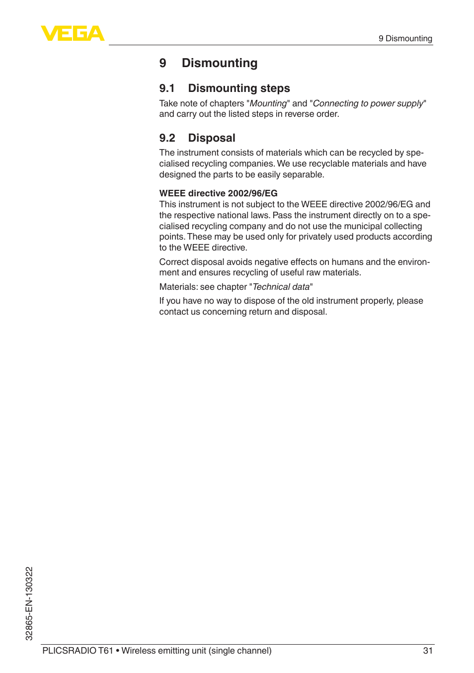 9 dismounting | VEGA PLICSRADIO T61 Wireless emitting unit User Manual | Page 31 / 40