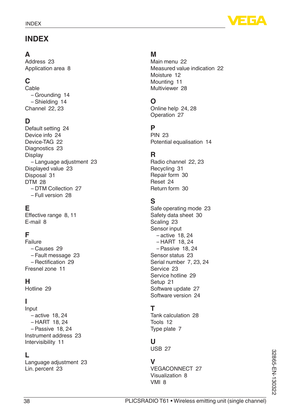 Index | VEGA PLICSRADIO T61 Wireless emitting unit User Manual | Page 38 / 40