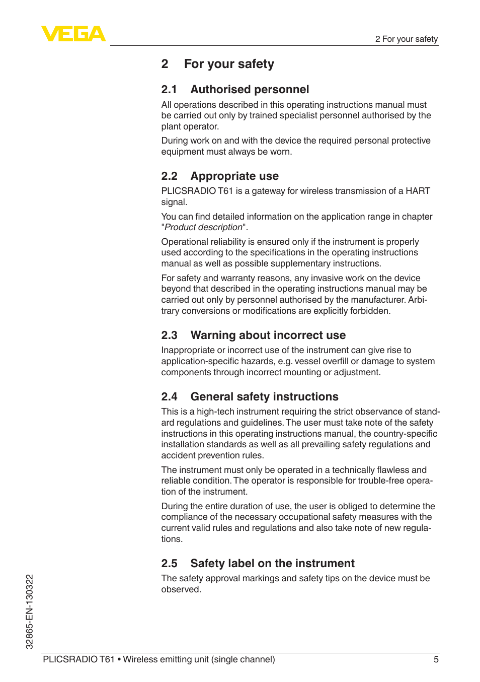 2 for your safety | VEGA PLICSRADIO T61 Wireless emitting unit User Manual | Page 5 / 40